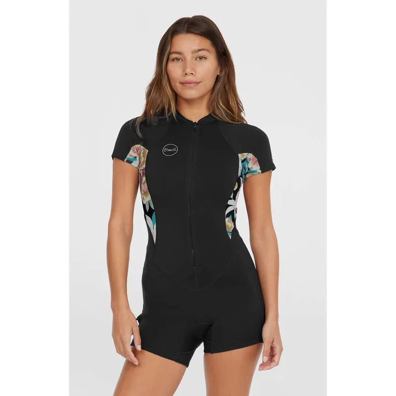 O’Neill Damen Neoprenanzug Bahia 2/1 Front Zip S/S Spring Black/Mikahfloral/Black SU25 Solange Der Vorrat Reicht