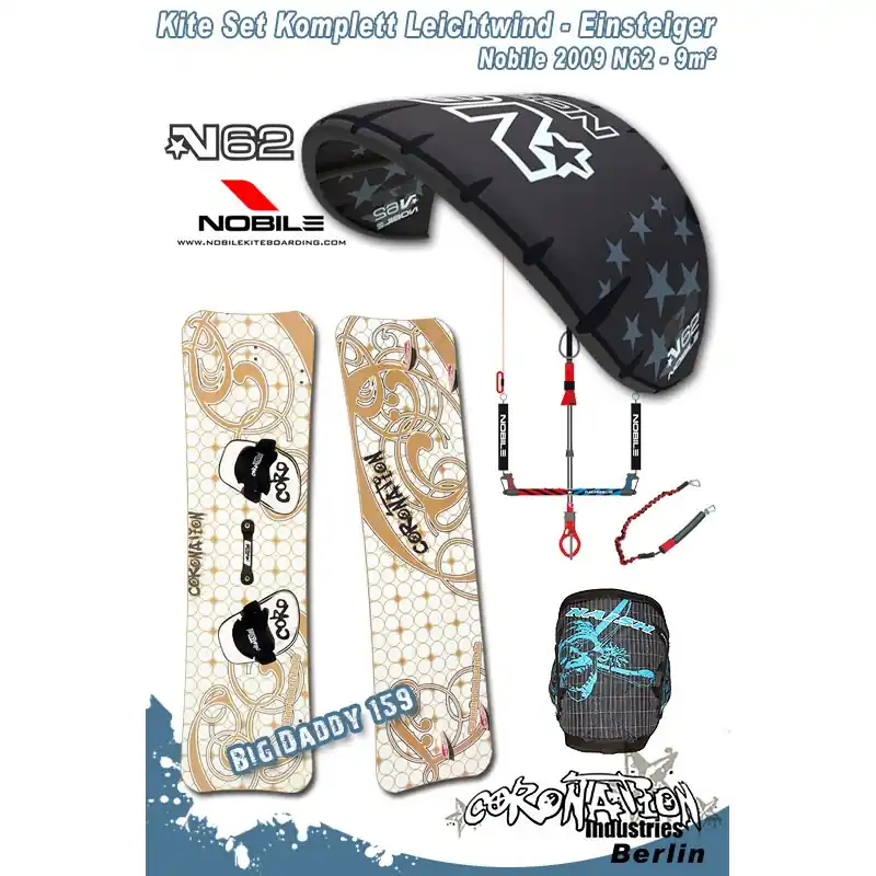 Letzte Chance Kitesurf Set 2 Leichtwind-Einsteiger Nobile N62 9qm - black