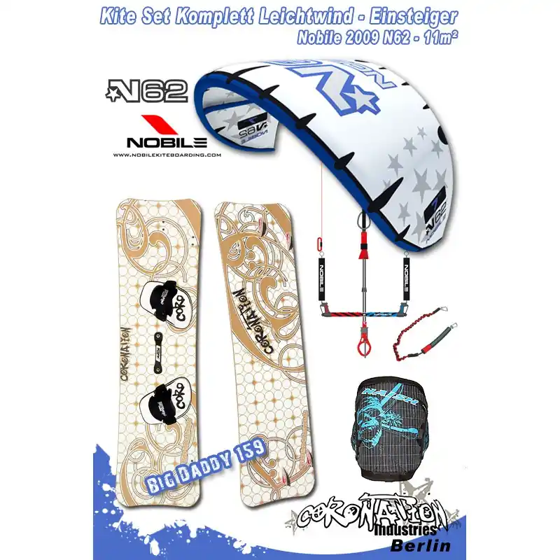 Kitesurf Set 2 Leichtwind-Einsteiger Nobile 2009 N62 11qm - blue Beliebt