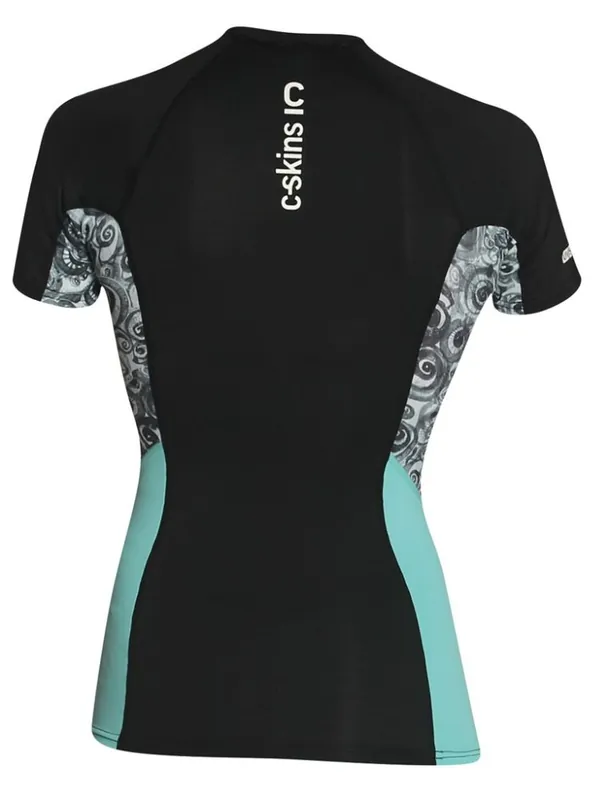 Günstig C-Skins UV Skins Solace Women SS Crew Neck Vest Lycra Kurzarm Black/Mono Shells/Ice Blue S/UK8