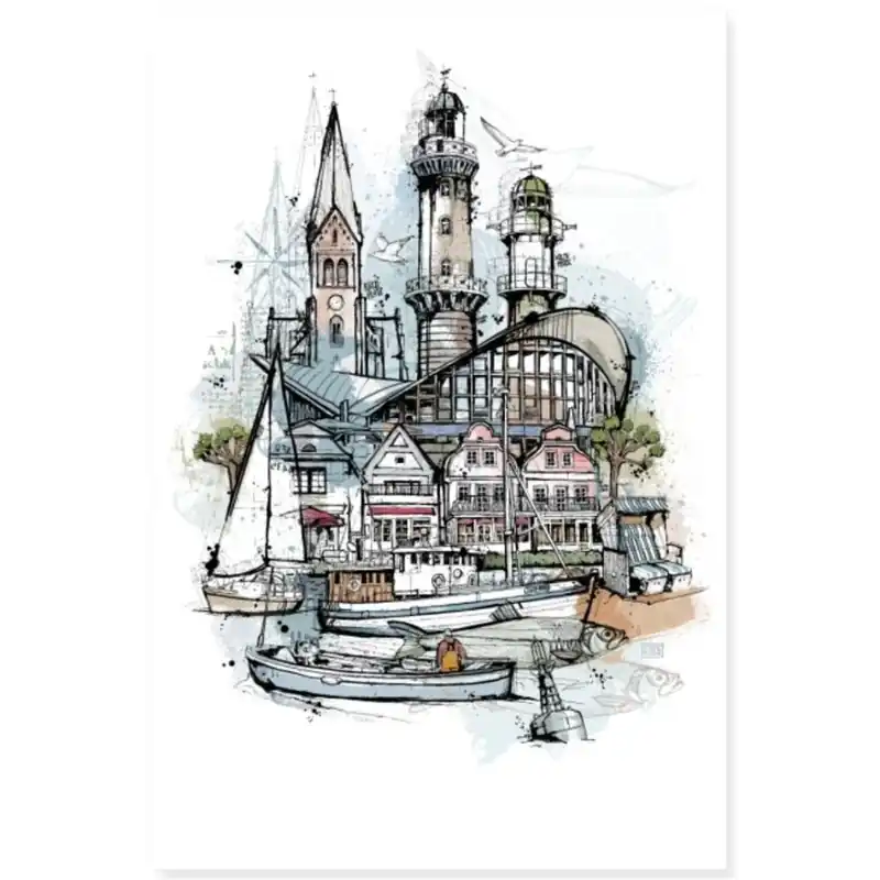 Postkarte Illustration Christoph Kadur Etikette Warnemünde Ausverkauf