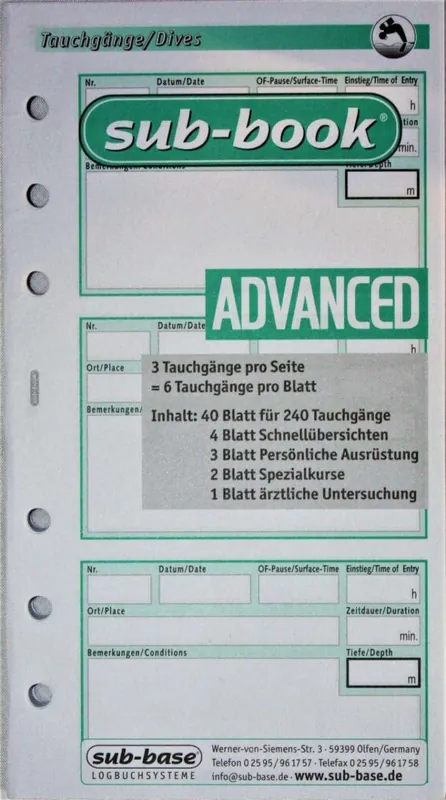 Neu sub-book Taucherlogbuch Ersatzseiten, Advanced,240TG
