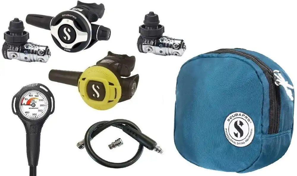 Scubapro Kaltwasser Atemregler Set MK25 EVO (2x) S600 mit S270 Octopus, Tasche, Finimeter und Inflatorschlauch Preiswert