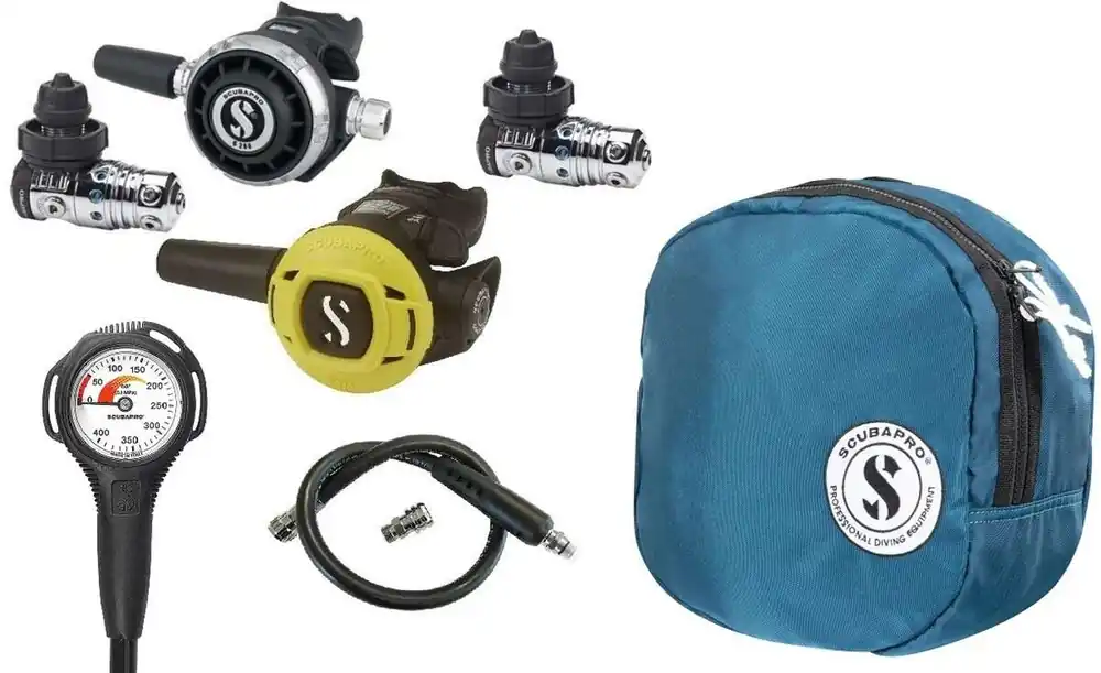 Scubapro Kaltwasser Atemregler Set MK25 EVO (2x), G260 mit S270 Octopus, Tasche, Finimeter und Inflatorschlauch Finale Aktion