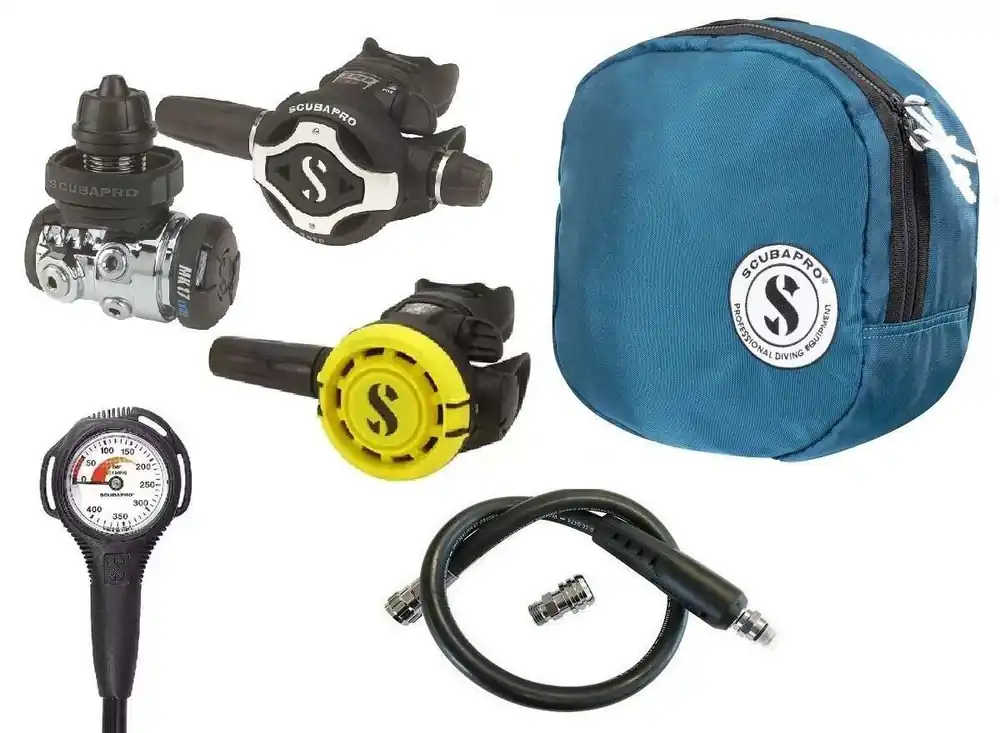 Scubapro Atemregler Set MK17 EVO2 S620 Ti mit R105 Octopus Supersparset mit Tasche, Finimeter und Inflatorschlauch Schneller Versand